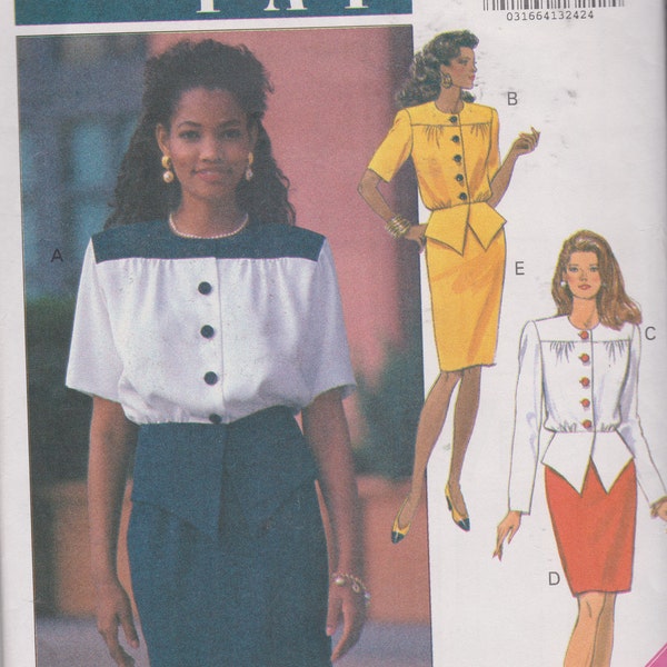 1940's Style Suit Pattern Pointed Peplum Blazer with Gathered Yoke, Pencil Skirt Butterick Leslie Fay 6101 Size 18 20 22 UNCUT