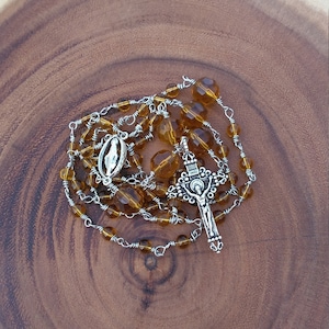 Yellow Glass Bead Our Lady of Grace  Rosary, Handmade Wire-Wrapped 5 Decade Catholic Rosary Beads, Catholic Gift