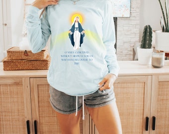 Radiant Our Lady of Grace Shirt, Miraculous Medal Unisex Garment-dyed Long Sleeve T-Shirt, Catholic Gift