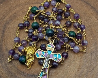 Amethyst Catholic Rosary Beads, Gold 5 Decade Rosary