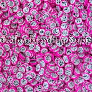 May include: A large collection of small, round, flat slices of dragon fruit shaped beads. Each piece features a bright pink outer ring and a white center filled with tiny black dots. The text Gladiolus Beading Supplies is overlaid in the center.