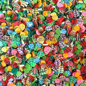 May include: A collection of small, colorful polymer clay slices featuring ladybugs, various leaves in shades of green, yellow, pink, and purple, and tiny white rods. The text Gladiolus Beading Supplies is overlaid across the center of the image.