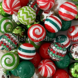 50 Qty 20mm Beads, Christmas Beads, Acrylic Beads, Chunky Beads, Bubblegum Beads, Peppermint Beads, Santa Beads, Merry Christmas, Holiday