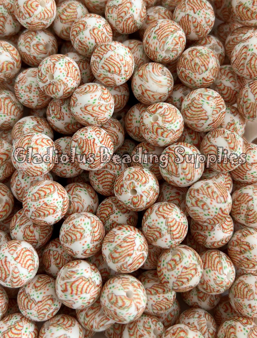 15mm Beads, Christmas Tree Print Beads, Silicone Print Beads, Wholesale