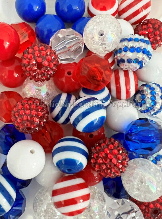 50 Qty 20mm Beads - White/Blue/Red Set Mixed Acrylic Bead, 4th of July,  Chunky Bubblegum Bead, Gumball Round Beads, Crafting Supplies #139