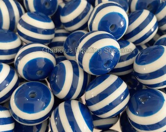 20mm Blue Striped Beads, Chucky Bubblegum Beads, Acrylic Gumball Beads, Loose Beads, Acrylic Beads, Chunky Beads, Crafting Supplies, Beads