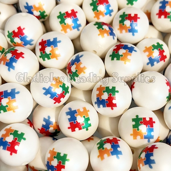 20mm Autism Awareness/Puzzle Print Bead, Chucky Bubblegum Beads, Acrylic Gumball Beads, Loose Beads, Beading Supplies, Matte Beads, Gumball