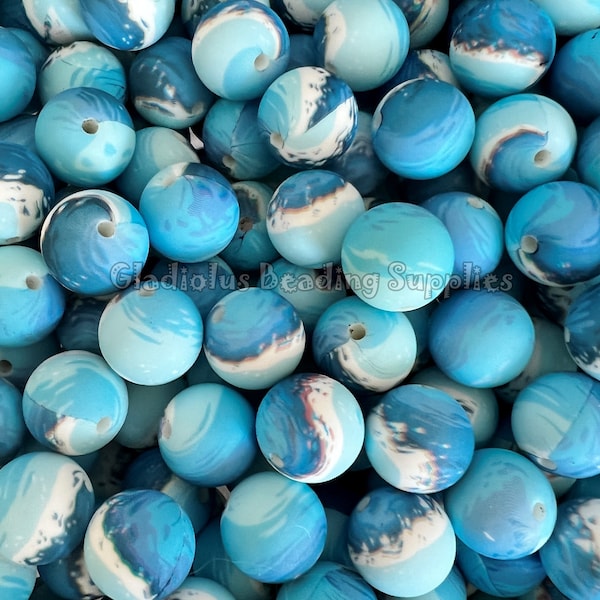 15mm Beads, Ocean Marble Round Beads, Silicone Round Beads, Print Beads, Wholesale Beads, Loose Round beads, Crafting Supplies, DIY