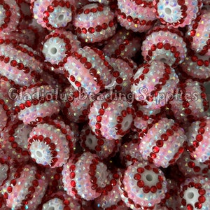 20mm Bead, Red/Pink Striped, Rhinestone Bubblegum Bead, Gumball Beads, Acrylic Beads, Chunky Beads, Loose Beads, Beading Supplies,
