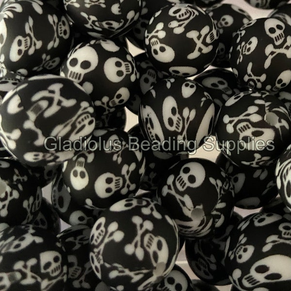 15mm Beads - Skull and Crossbones Silicone Beads - Print Beads - Wholesale Beads - Bulk Round beads - DIY - Crafting Supplies