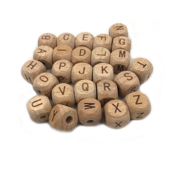 A-Z 12mm Wood Alphabet Cube Beads - DIY Jewelry - Bulk Wood Beads Wholesale - Brown Color - Craft Supply - Loose Beading Supply -