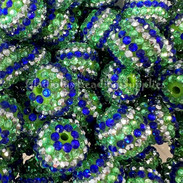 20mm Bead, Blue/Green/Silver Striped, Rhinestone Bubblegum Bead, Gumball Beads, Acrylic Beads, Chunky Beads, Loose Beads, Beading Supplies