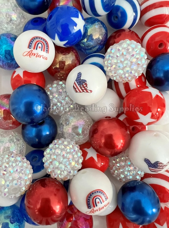 50 Qty 20mm Beads - White/Blue/Red Set Mixed Acrylic Bead, 4th of July,  Chunky Bubblegum Bead, Gumball Round Beads, Crafting Supplies #141