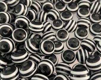 12mm Black, Striped Acrylic Beads, Round Beads, Chunky Beads, Gumball Beads, Beading Supplies, Jewelry Making, Crafting Supplies, Keychain