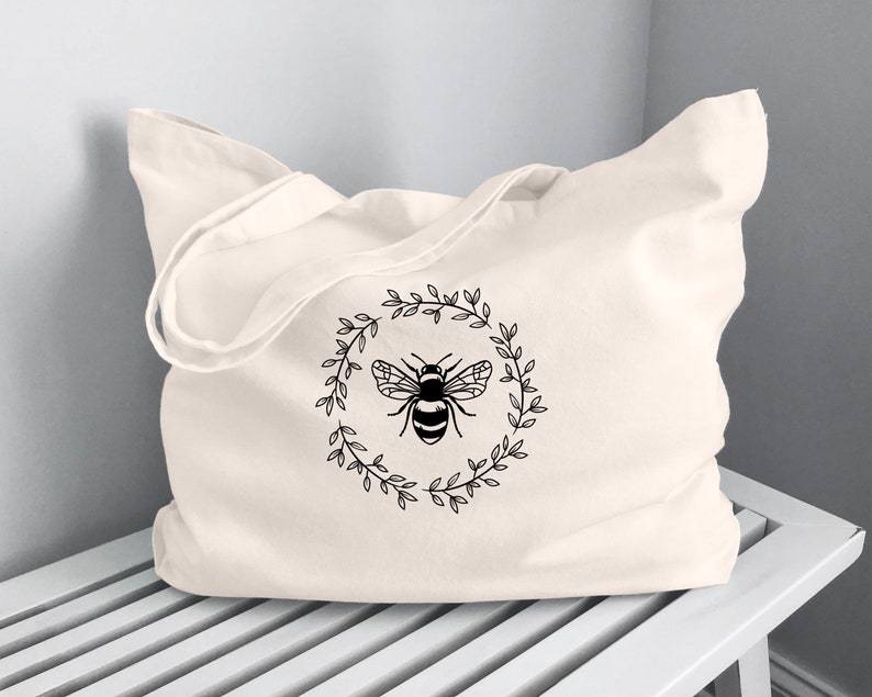 Graphic Image Canvas Bag Gift for Her Bee Botanical Nature Large Quality Canvas Shoulder Tote Bag