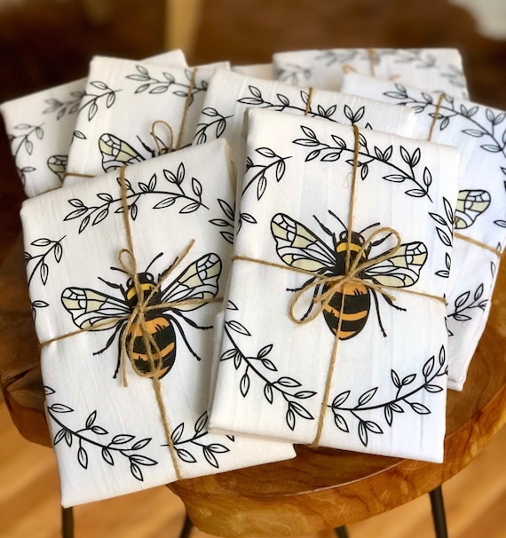 Honey Bee Kitchen Towel Flour Sack Tea Towel Hand Printed 