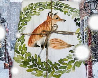 Fox Towel, Fox in a Wreath Towel, Watercolor image, Flour Sack Quality Kitchen Towel, Dish Towel Christmas Decor, Gift For The Holiday