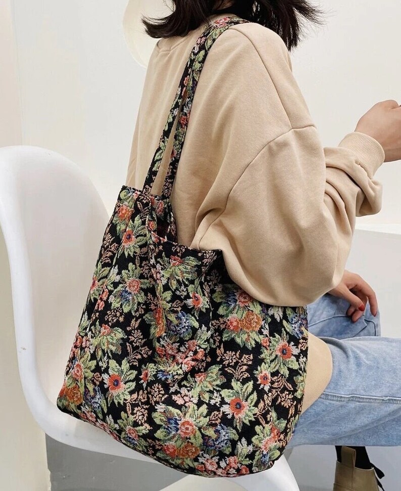 Floral Tote Bag Thick Floral Botanical Tote Bag Shoulder - Etsy