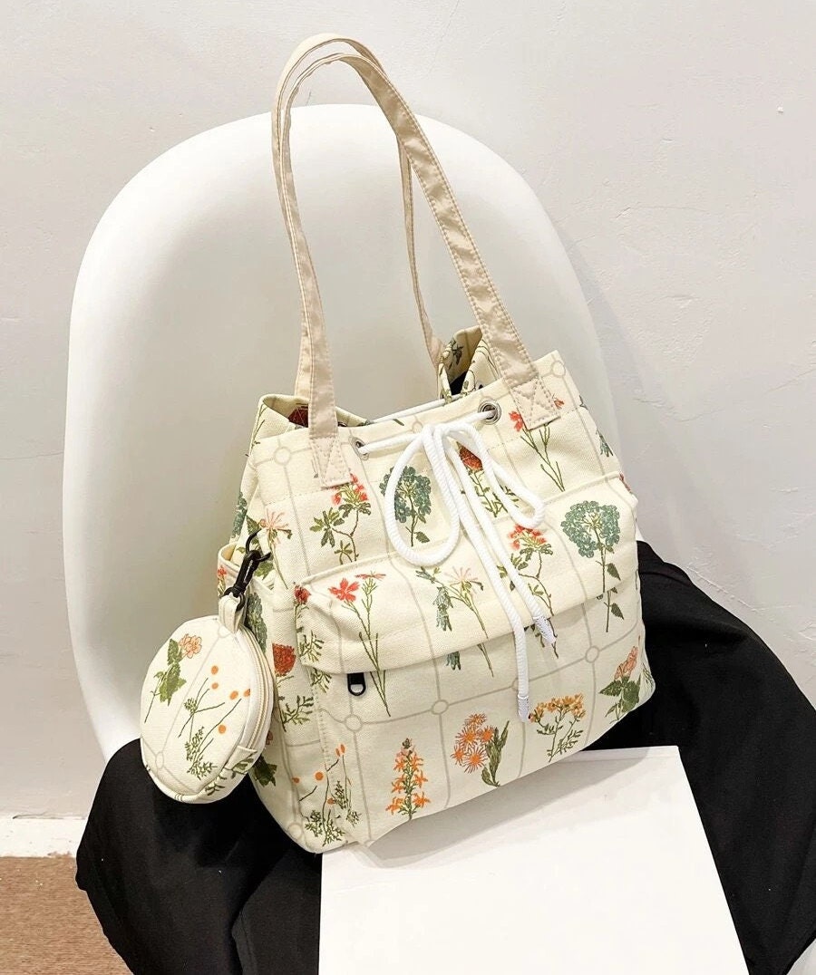 Floral Tote Bag Thick Floral Botanical Drawstring Shoulder - Etsy