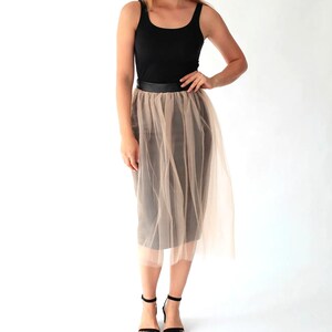 Black Leather Pencil Skirt with Beige Tulle Overlay, size M