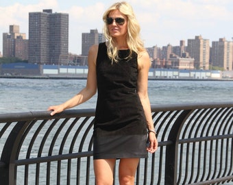 Black Suede Dress with Leather Combo at Hem