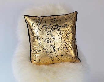 Gold Leather Sheepskin Pillow with Paint Splashes