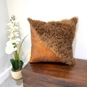 Brown Sheepskin and Painted Leather Pillow image 1