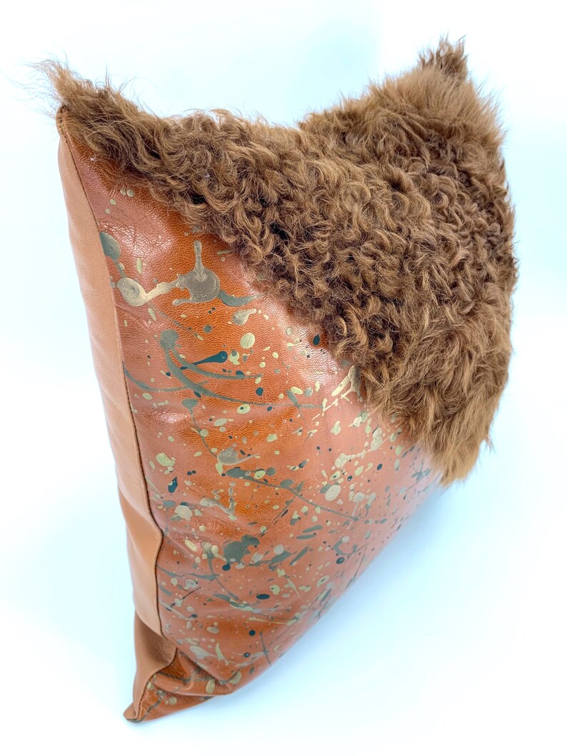 Brown Sheepskin and Painted Leather Pillow image 3