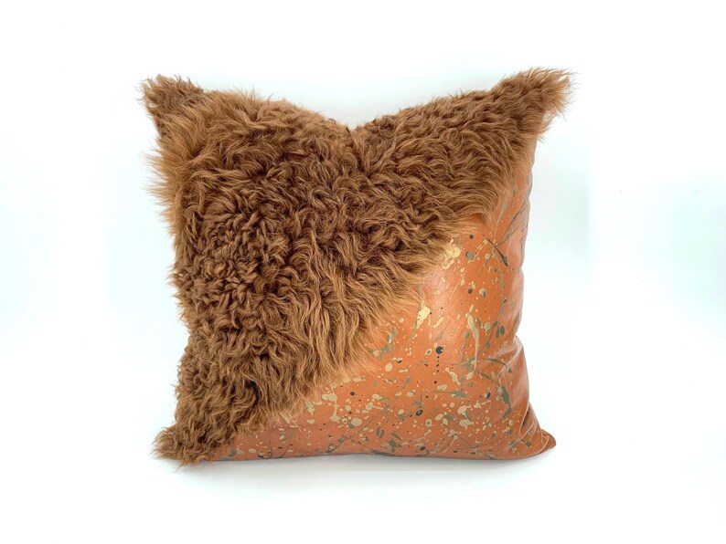 Brown Sheepskin and Painted Leather Pillow image 2