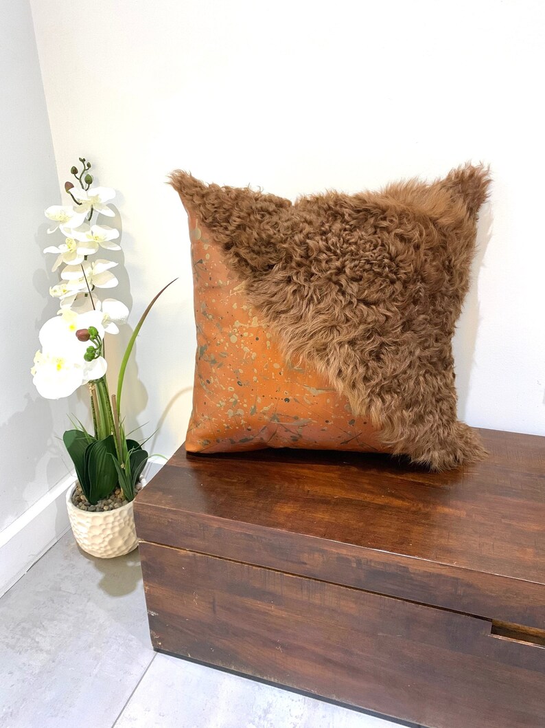 Brown Sheepskin and Painted Leather Pillow image 1