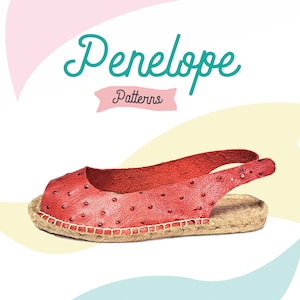May include: Red leather espadrille sandals with a slingback strap and a textured, dotted pattern. The sandals are on a white background with the text "Penelope Patterns" above them.
