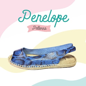 May include: Blue and black snake print espadrille sandals with a slingback strap. Penelope Patterns.