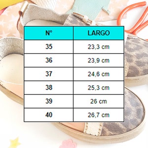 May include: A chart showing shoe sizes and corresponding lengths in centimeters. The chart has two columns labeled "N&deg;" and "LARGO". The sizes range from 35 to 40, with corresponding lengths from 23.3 cm to 26.7 cm.