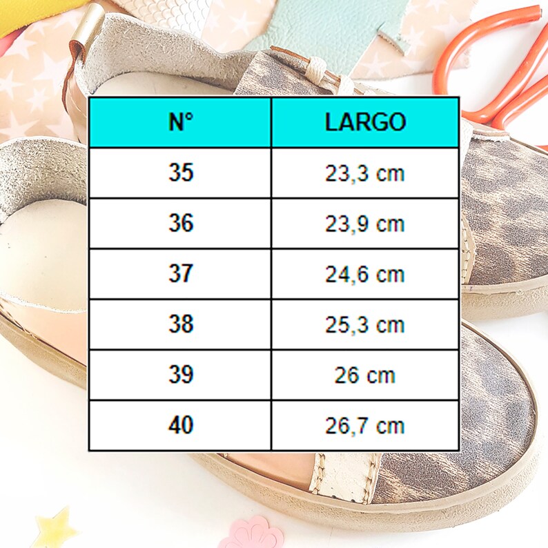 May include: A chart showing shoe sizes and corresponding lengths in centimeters. The chart has two columns labeled "N&deg;" and "LARGO". The sizes range from 35 to 40, with corresponding lengths from 23.3 cm to 26.7 cm.
