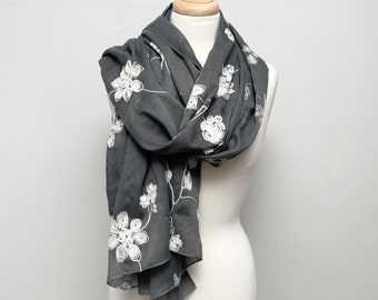 Scarf, Extra Large Shawl ,Cotton Summer Wrap, Embroidery Beach Dress, Cozy Soft Gray Scarf , Sun Protection Shawl,Gift