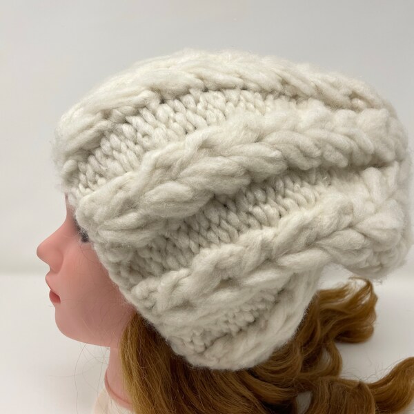 Knit Hat, Chunky Women Hat, Hand Knitted Winter Hat, Ladies Beanie, Wool  Hat, White Hat, Christmas Gift