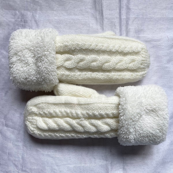 Knit Mittens, Winter Mittens, White Mittens, Women's Accessories,Fur Cuff Mittens, Winter Gift