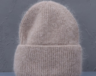 Knit Hat, Chunky Women Hat, Knitted Winter Hat, Dark Beige Beanie, Angora  Hat, Christmas Gift