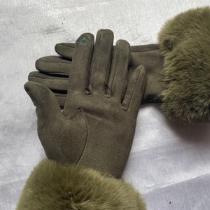 Green Gloves, Winter Gloves, Women's Accessories, Faux Fur Cuff Gloves, Smart Touch Gloves, Winter Gift image 3