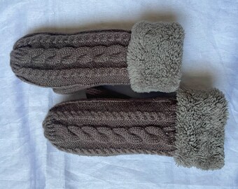 Knit Mittens, Winter Mittens, Brown Mittens, Women's Accessories,Fur Cuff Mittens, Winter Gift