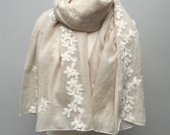 Scarf, Extra Large Shawl ,Cotton Summer Wrap, Embroidery Beach Dress, Cozy Soft Beige Scarf , Sun Protection Shawl,Gift