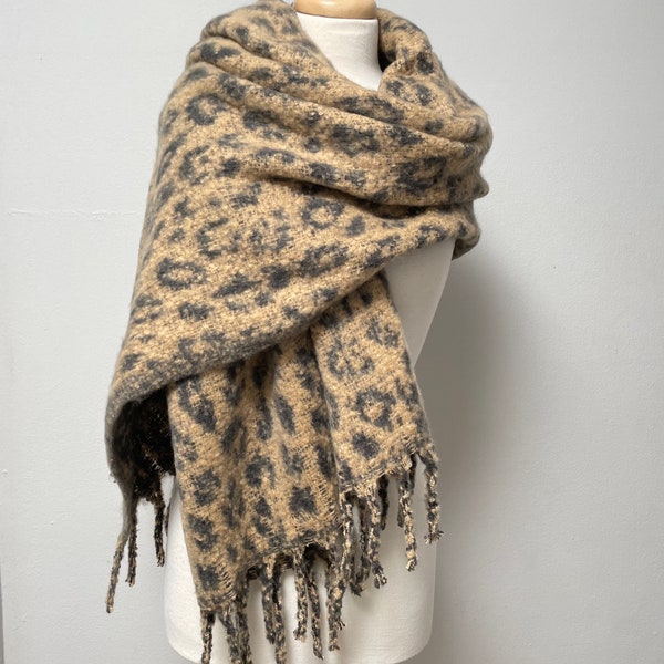 Scarf, Extra Large Shawl ,Plaid Wrap,Leopard print Scarf, Cozy Soft  Pashmina , Black/ Beige Scarf , Winter Gift