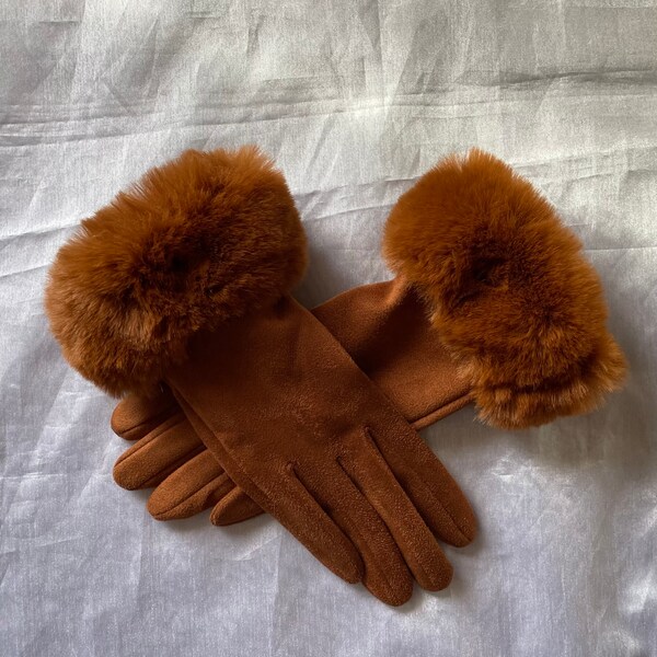 Brown Gloves, Winter Gloves, Women's Accessories, Faux Fur Cuff Gloves, Smart Touch Gloves, Winter Gift