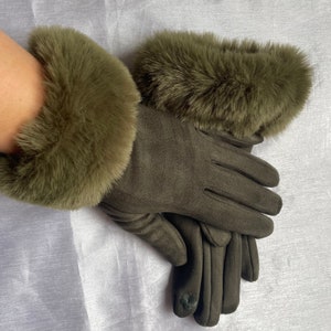 Green Gloves, Winter Gloves, Women's Accessories, Faux Fur Cuff Gloves, Smart Touch Gloves, Winter Gift image 4