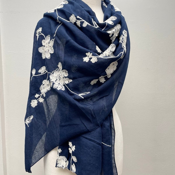 Scarf, Extra Large Shawl ,Cotton Summer Wrap, Embroidery Beach Dress, Cozy Soft Blue Scarf , Sun Protection Shawl,Gift