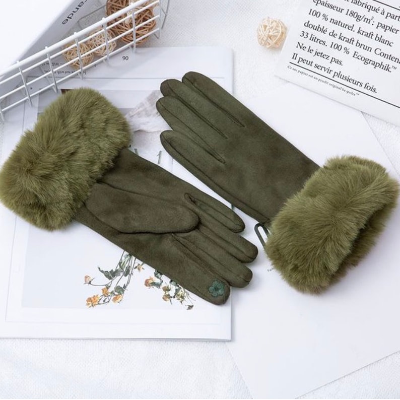 Green Gloves, Winter Gloves, Women's Accessories, Faux Fur Cuff Gloves, Smart Touch Gloves, Winter Gift image 1