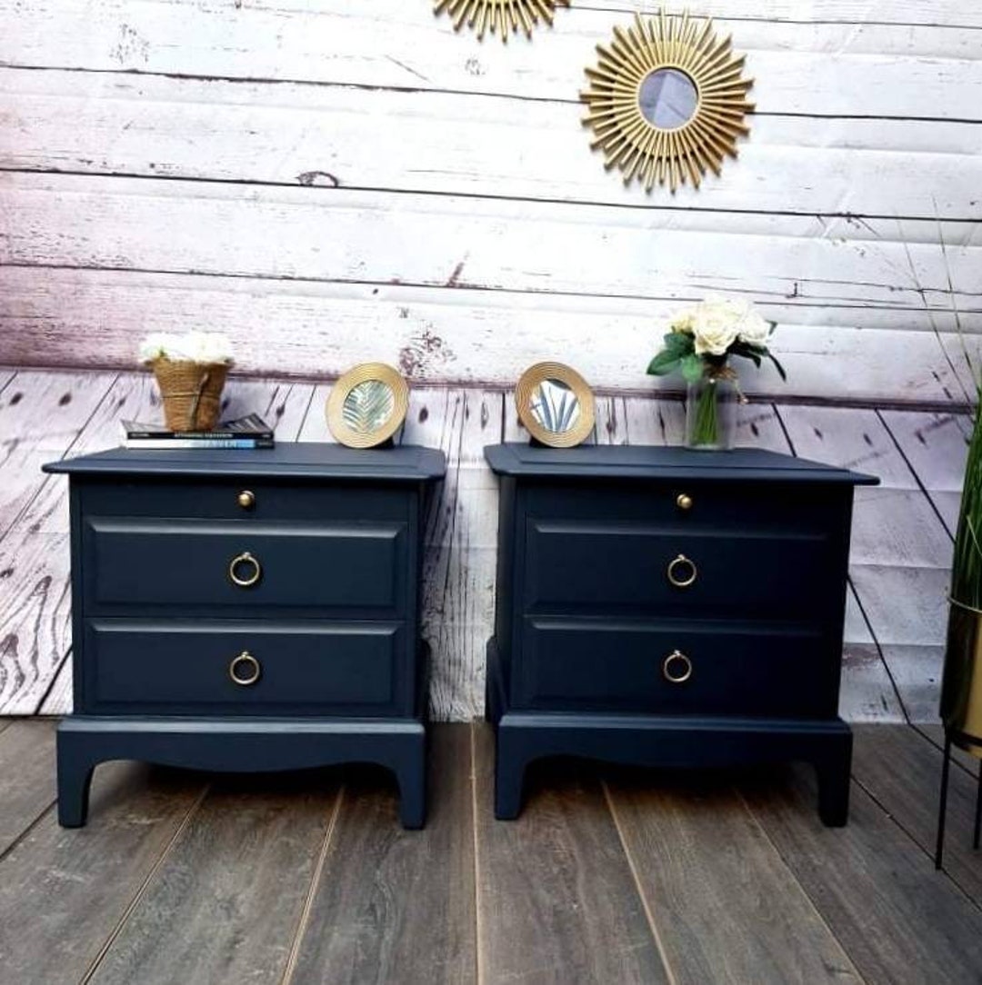Stag Navy Blue Bedside Tables , Bedroom Furniture, Vintage Bedside