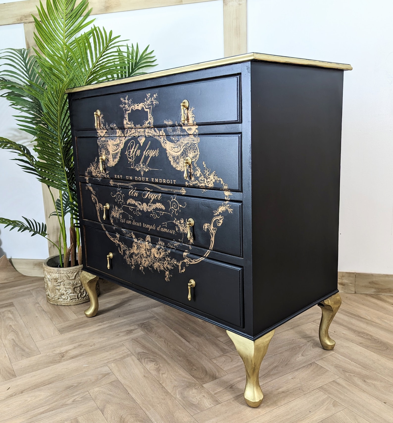 Vintage Art Deco Black and Gold Chest of Drawers, Painted Dresser
