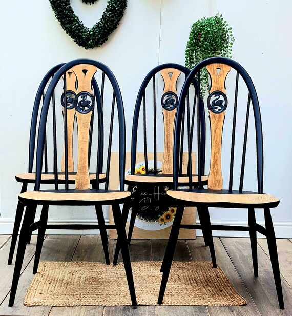 Vintage Set of 4 Ercol Swan Back Windsor Dining Chairs black Elm