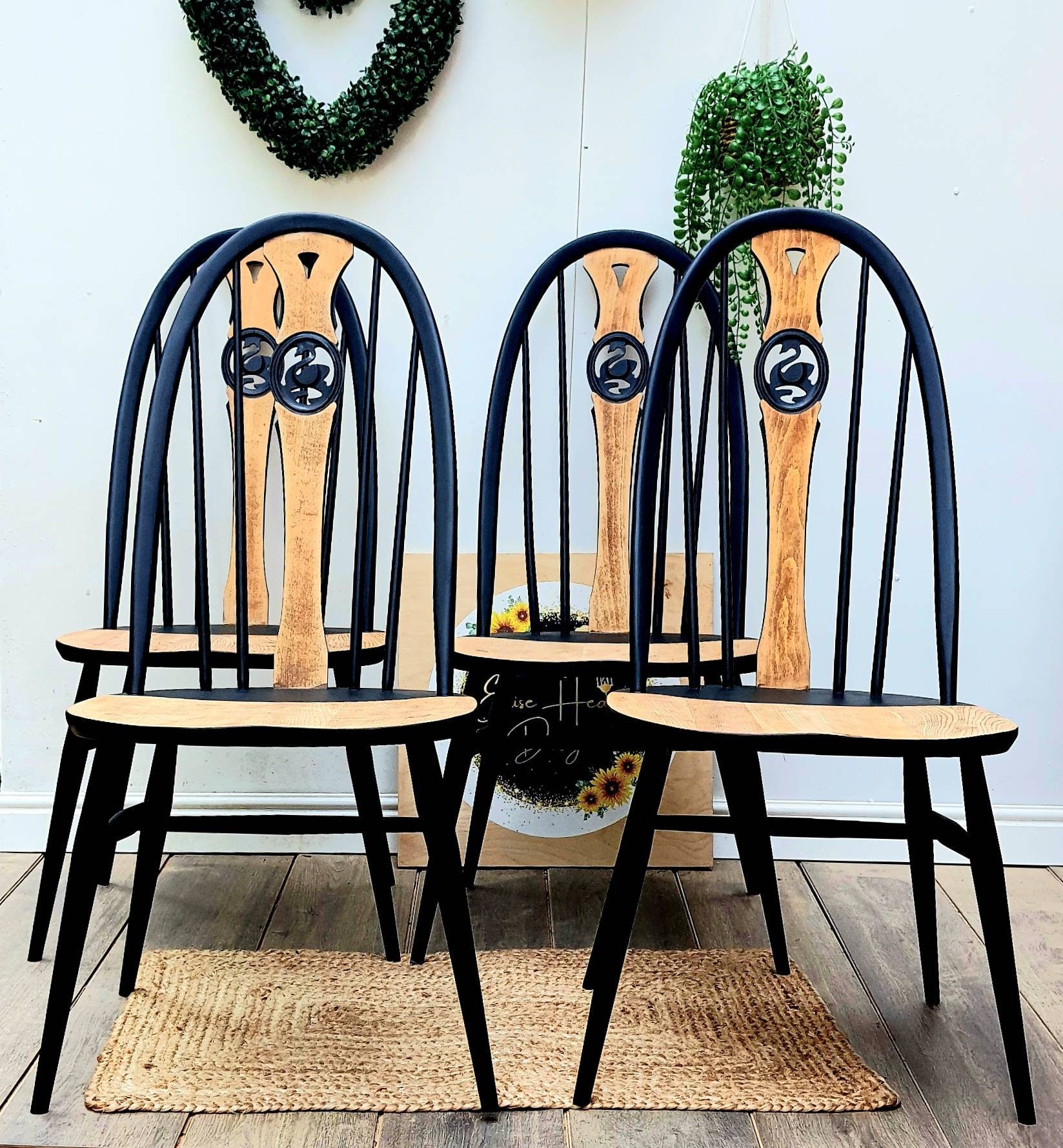 Vintage Set of 4 Ercol Swan Back Windsor Dining Chairs black Elm